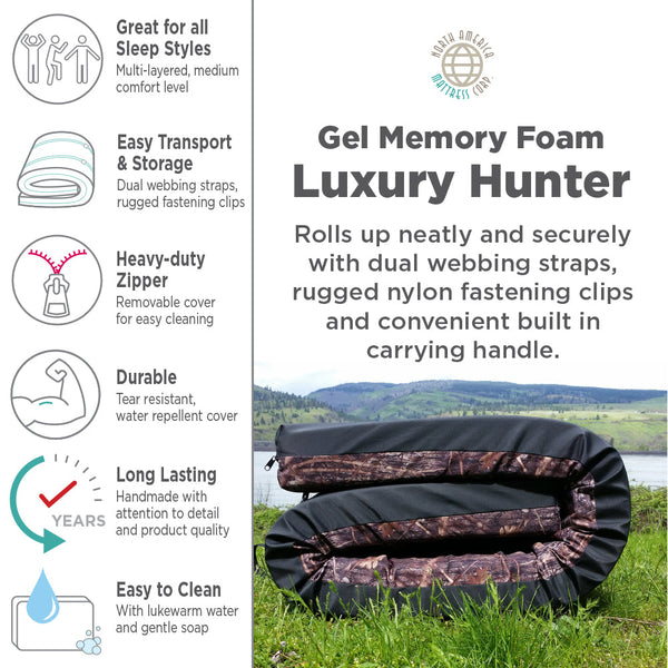 Trapper Bed Luxury Camp Pad with Gel Infused Memory Foam and Camo